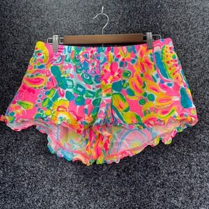 Lilly Pulitzer Pajama Shorts Pink Blue Yellow Abstract Floral Ruffle Hem Small